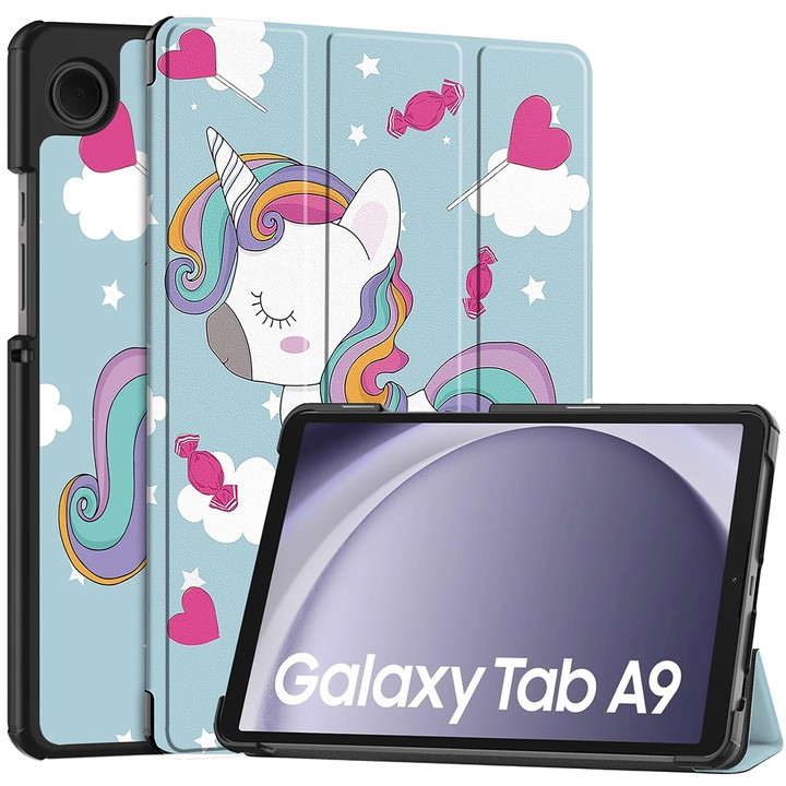 Защитен калъф GERICOM за таблет, съвместимост Samsung Galaxy Tab A9, функция стойка, екологична кожа, модел Unicorn, Многоцветен