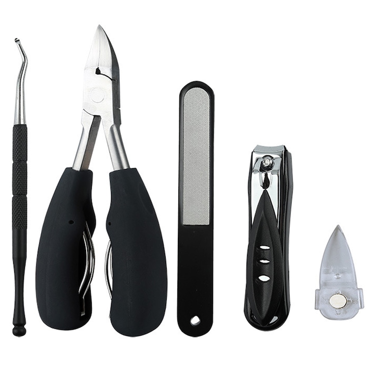 Set 5 buc cleste pedichiura, Axroad Mall, Cu chiurete unghii, instrumente pentru cuticule, unghiere, Antialunecare, Durabil, Pentru unghii dure, groase si incarnate, Otel inoxidabil/ABS, Negru/Argintiu