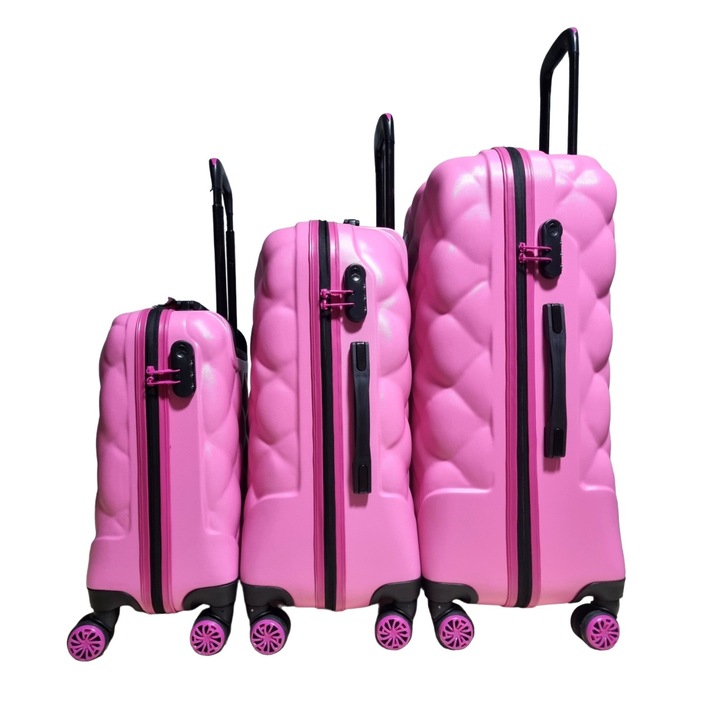 Set 3 trolere, MY LUGGAGE, model Chester, ABS, marime L, M, S, fermoar impermeabil, culoare fucsia