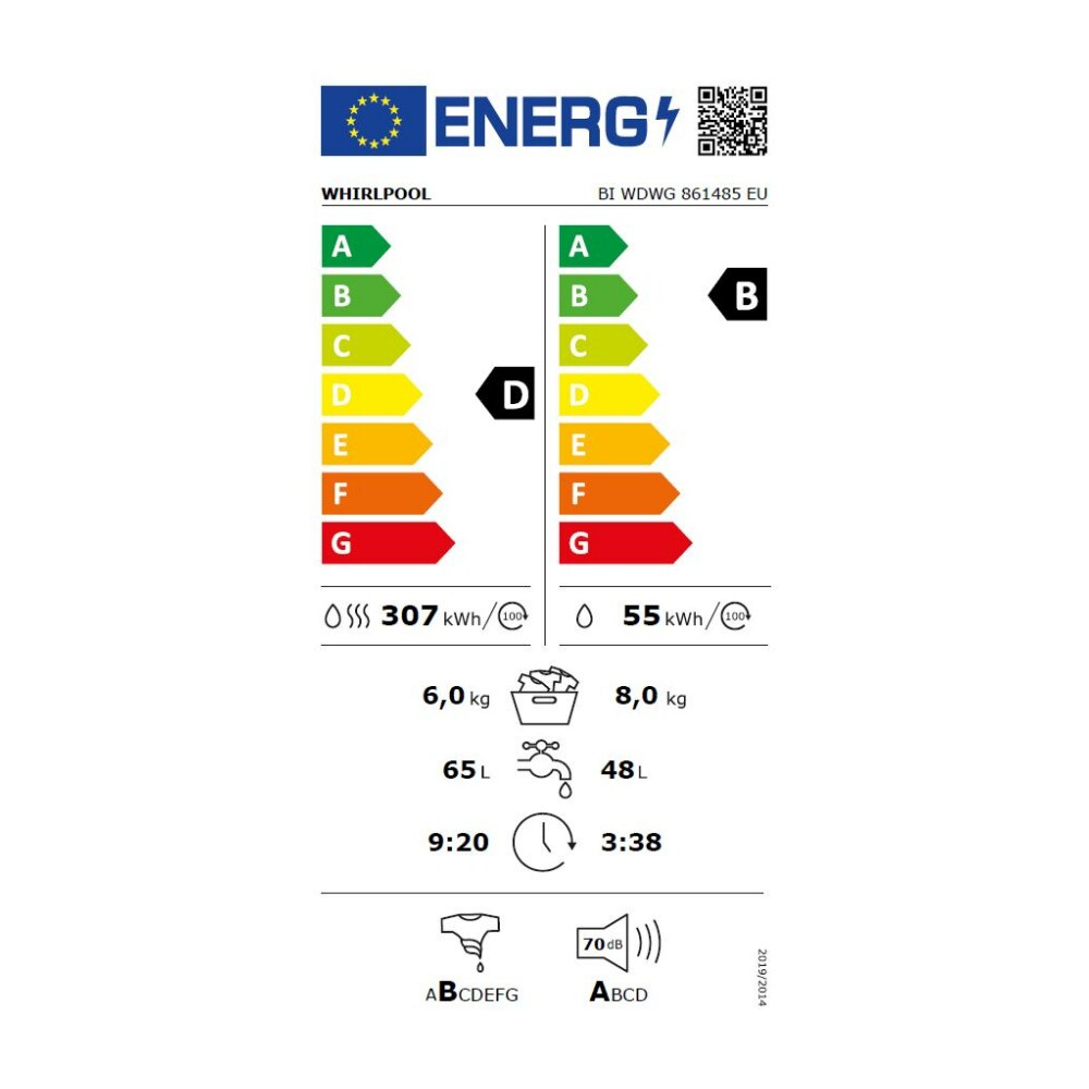 Whirlpool BI WDWG 861485 EU, Clasa B, 8 Kg Spalare, 6 Kg Uscare, 1400 rpm, 6th Sense, FreshCare+, Alb
