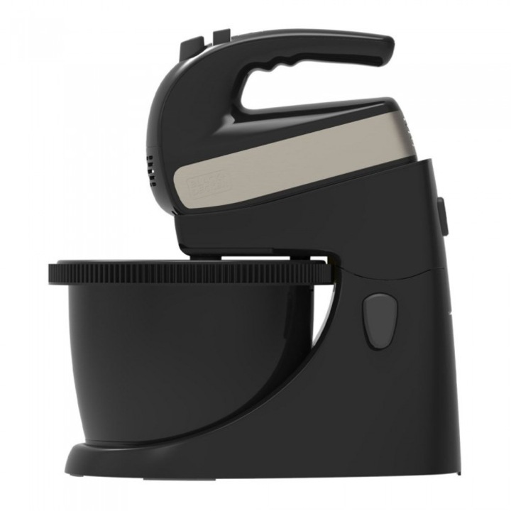 Ръчен миксер Black & Decker BXMXA500E, 500 W, купа 2,5 л, 5 скорости с турбо бутон, бъркалки и куки за тесто, водоустойчиви части, корпус от пластмаса и инокс, черен/сребрист