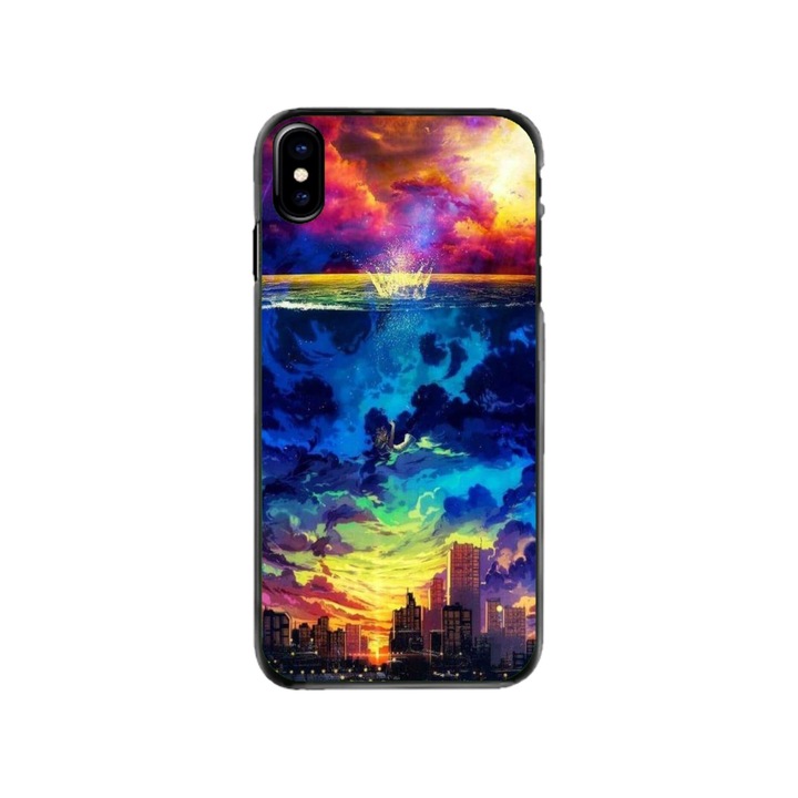 Husa personalizata HQPrint si Folie de Silicon pentru Apple iPhone XS, model Abstract City, multicolor, S1D1M0263