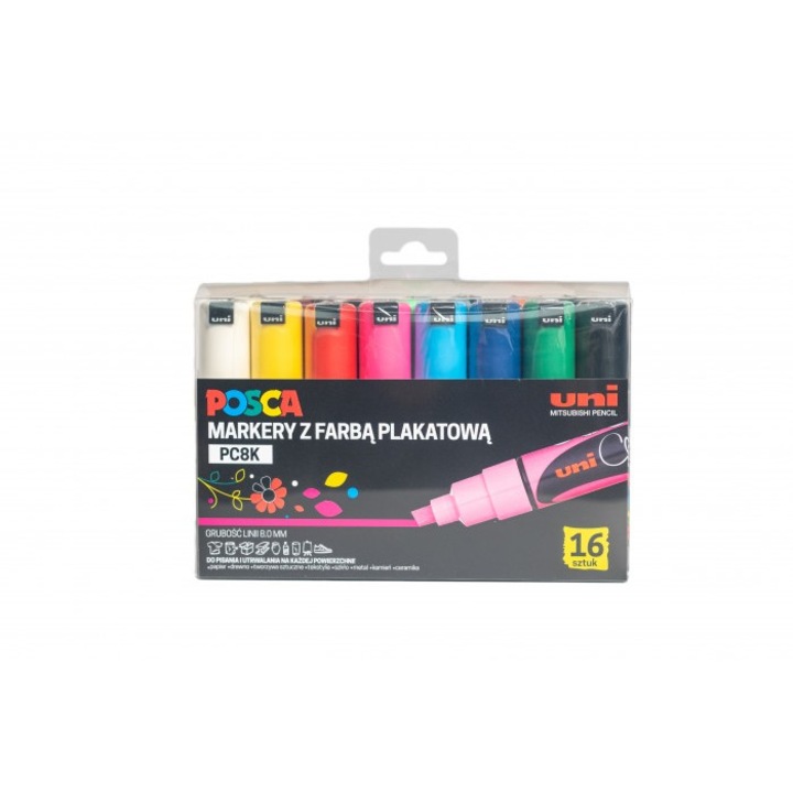 Комплект 16 маркера, Posca, Plastic, Universal, 8 mm, Multicolor