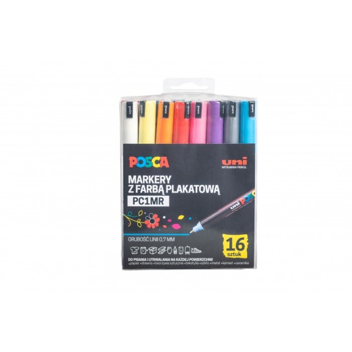 Комплект от 16 маркера Uni, Posca, Fine tip, 0.7 mm, Многоцветен