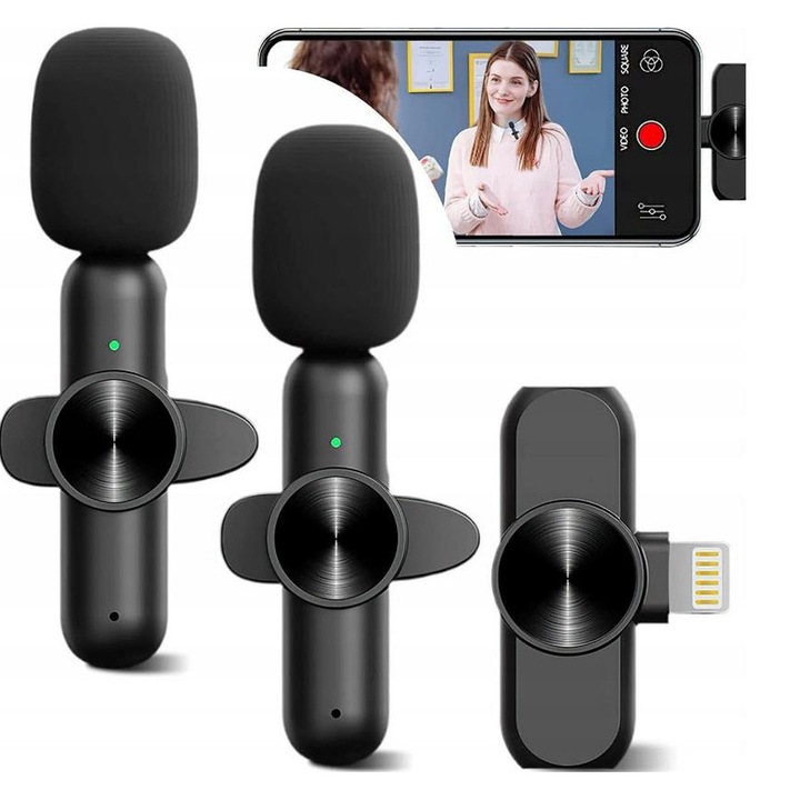 2 db vezeték nélküli mikrofon készlet iPhone-hoz, fém, fekete