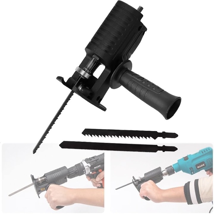 Adaptor fierastrau lance sau pendular, pentru bormasina electrica, Portabil, Multifunctional, cu 3 lame pentru lemn, metal, PVC, Negru