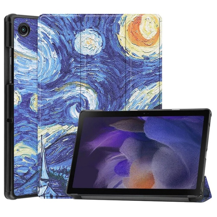 Samsung Galaxy Tab A8 2021, 10,5" FoldPro, ökológiai bőr, Starry Night festőmodell, többszínű táblagéphez kompatibilis lepattintható védőburkolat