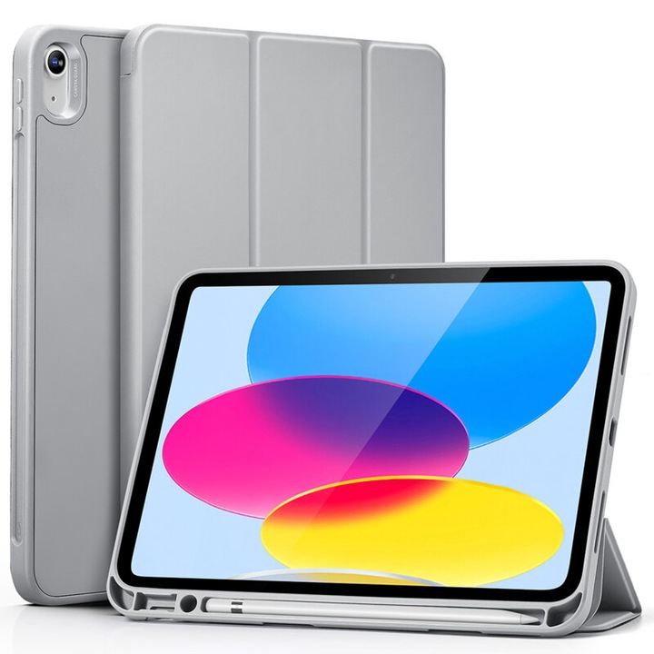 Защитен калъф за таблет, съвместим с Apple iPad 10 2022, 10.9", Rebound Pencil, със стойка, слот за писалка, екологична кожа, сив