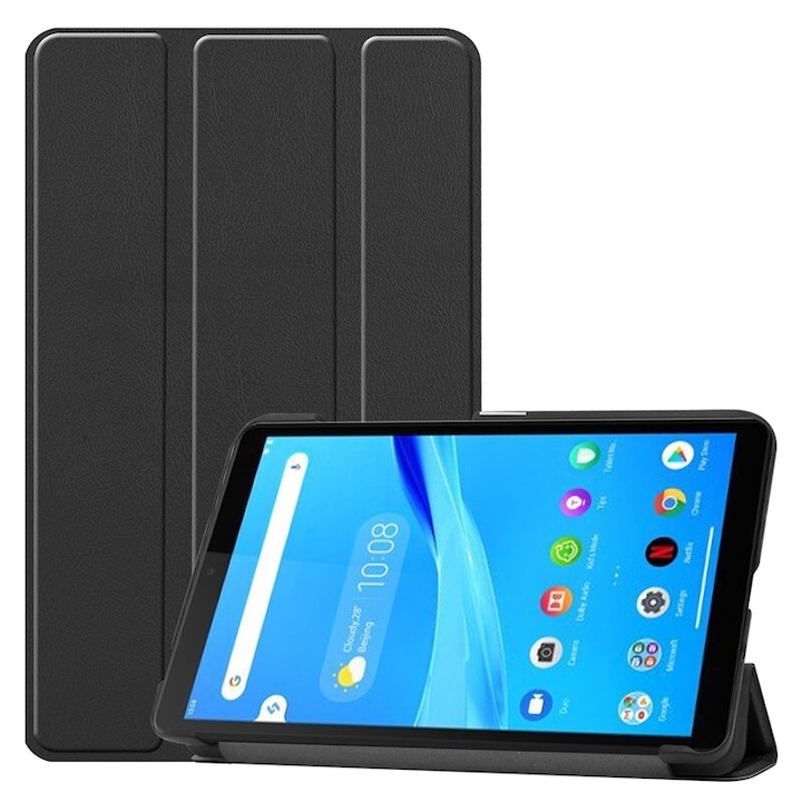 Lenovo Tab M7 kompatibilis védőburkolatú felhajtható borító táblagéphez, FoldPro, állvány típusú, ökológiai bőr, fekete