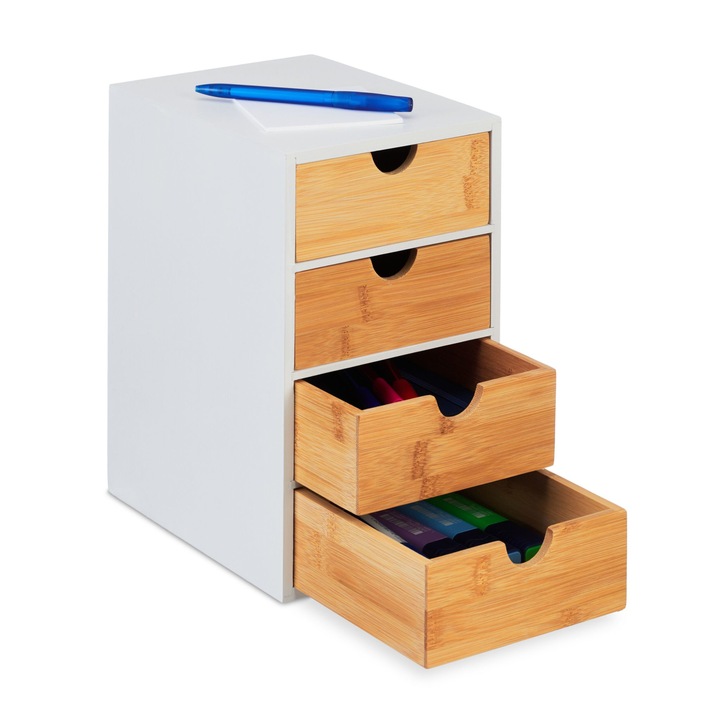 Organizator universal cu 4 sertare, bambus/MDF, alb/maro, 27,5 x 16,5 x 21 cm