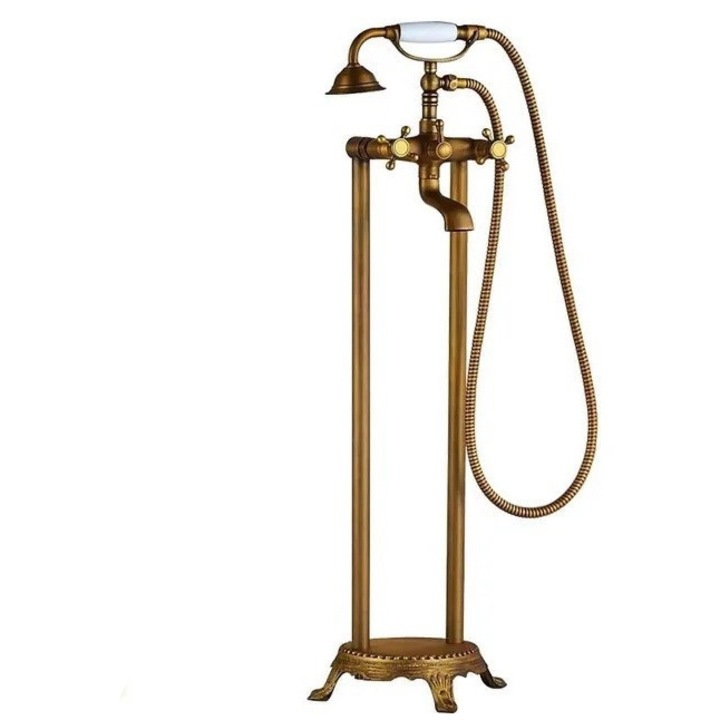 Baterie cada podea, Tip freestanding, Cadru rotund, Finisaj auriu antichizat, Dus inel ceramic