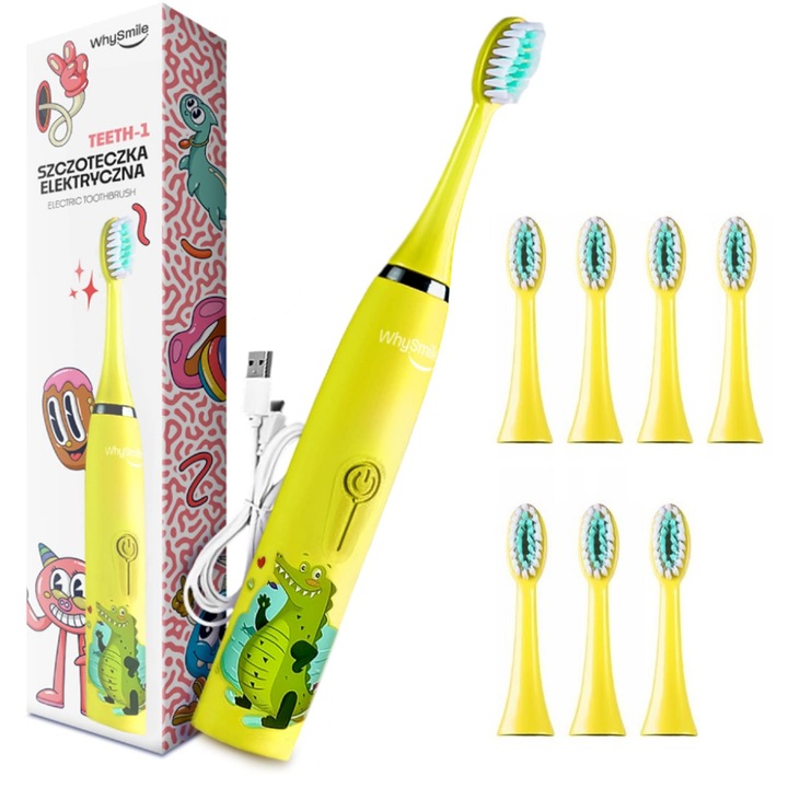 Звукова акумулаторна електрическа четка за зъби WhySmile Children, 32000 движения/минута, 4 режима на почистване, 8 глави за четки, интелигентен таймер, водоустойчив IPX6, USB кабел, жълт