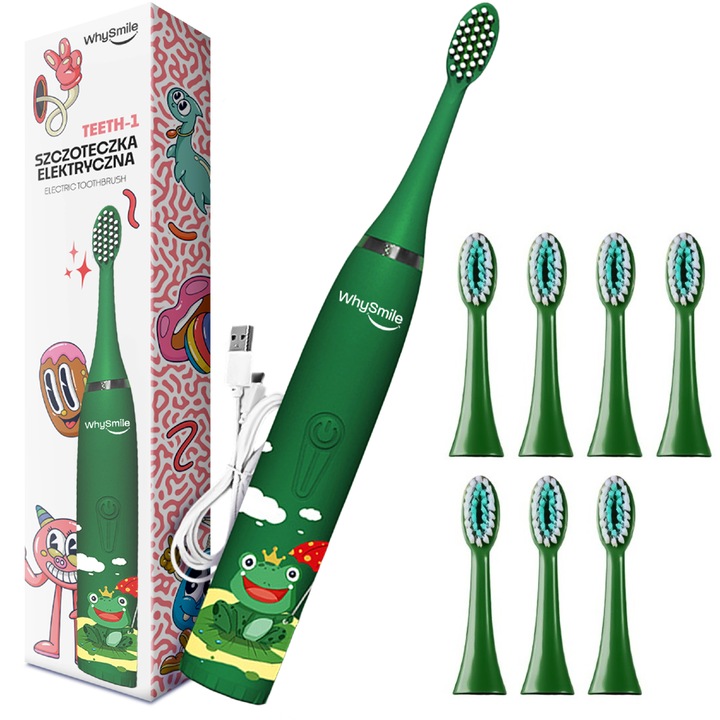 Звукова акумулаторна електрическа четка за зъби WhySmile Children, 32000 движения/минута, 4 режима на почистване, 8 глави за четки, интелигентен таймер, водоустойчив IPX6, USB кабел, зелен