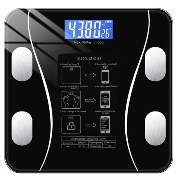 Welora Smart LCD fürdőszobai mérleg, Bluetooth-kapcsolat, 8 testösszetételi paraméter mérése, maximálisan támogatott súly 180 kg, LCD kijelző, elegáns kivitel edzett fekete üveggel, méretek 26 x 26 x 2,2 cm, tömeg