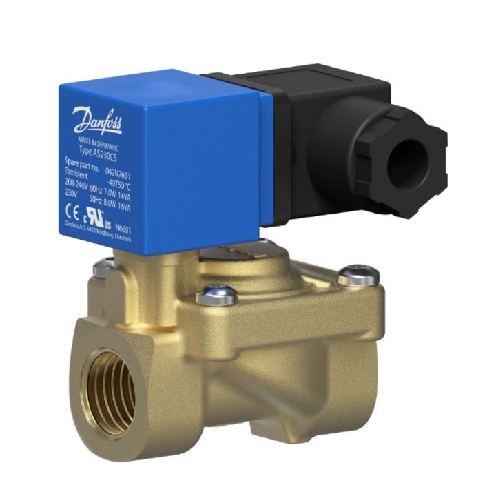 Ventil electromagnetic servoasistat, Danfoss, tip EV220S, G2", corp alama, membrana EPDM, normal inchis, 0, 2-10bar, cu bobina 12V DC, IP65