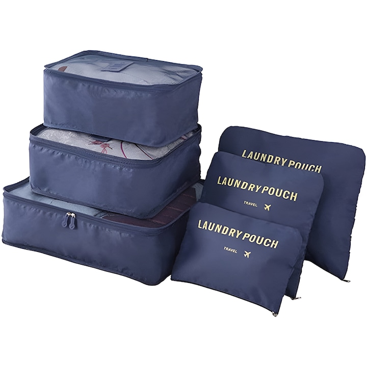 Комплект от 6 органайзера за пътуване Teno®, различни размери, пътен багаж, куфар, количка, чанти, дрехи, аксесоари, затваряне с двоен цип, мрежа, тъмно син