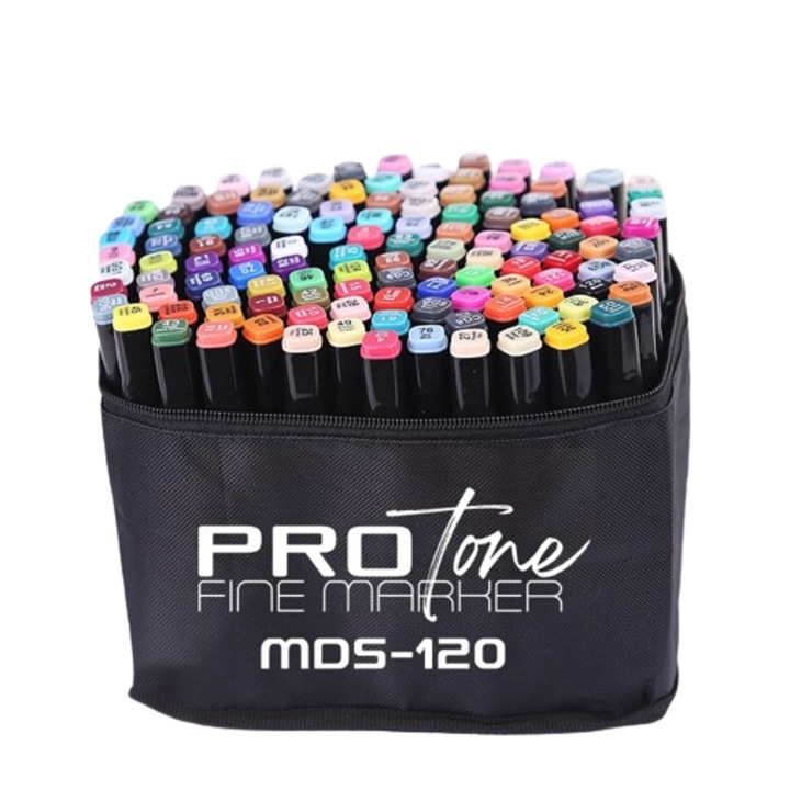 Комплект арт маркери ProTONE, 120 живи цвята, двойни накрайници 3-6 mm и 1-2 mm, висококачествено алкохолно мастило, лесно смесване, идеален за художници, дизайнери и студенти, устойчивост на износване, практична и елегантна опаковка
