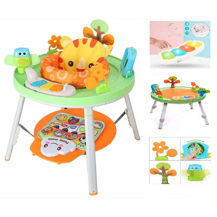 Saritor pentru copii cu centru de activitati si pian WePro Store, 3 in 1, Baby jumper, transformabil in masa de joc, scaun de hranire, Sunete, Lumini, Accesorii atractive, Statie de joc cu covoras muzical, Multicolor, Model leu, 6 luni +