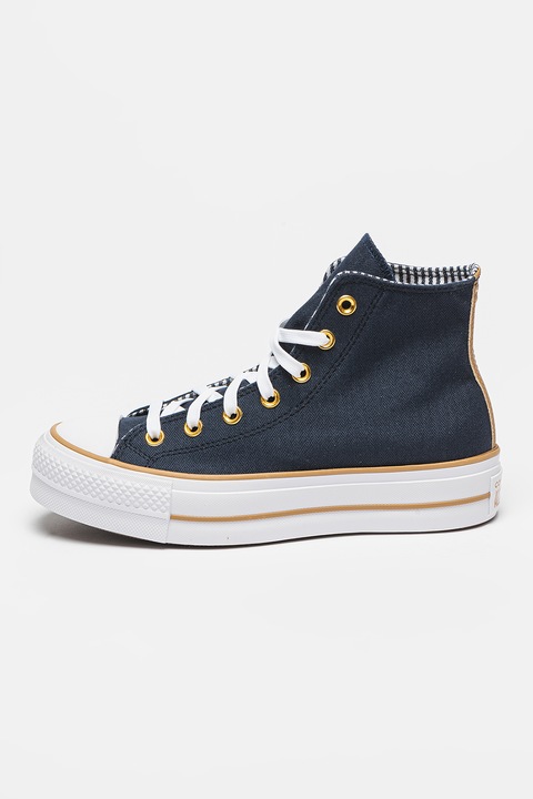 Converse, Tenisi cu plarforma si model cu dungi si herringbone Chuck Taylor All Star Lift, Auriu/Albastru ultramarin