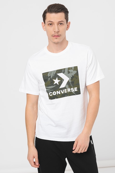 Converse, Tricou cu logo si imprimeu camuflaj Star Chevron Camo, Alb/Verde militar