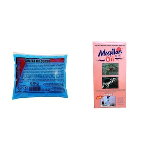 Set Sulfat de cupru, piatra vanata, ingrasamant de tip MIF, pentru stropire pomi fructiferi, vita de vie si legume, 1 Kg + Pachet Mospilan Oil pentru 10 l apa
