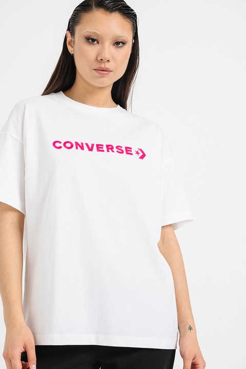 Converse, Tricou supradimensionat din bumbac cu imprimeu logo, Alb optic