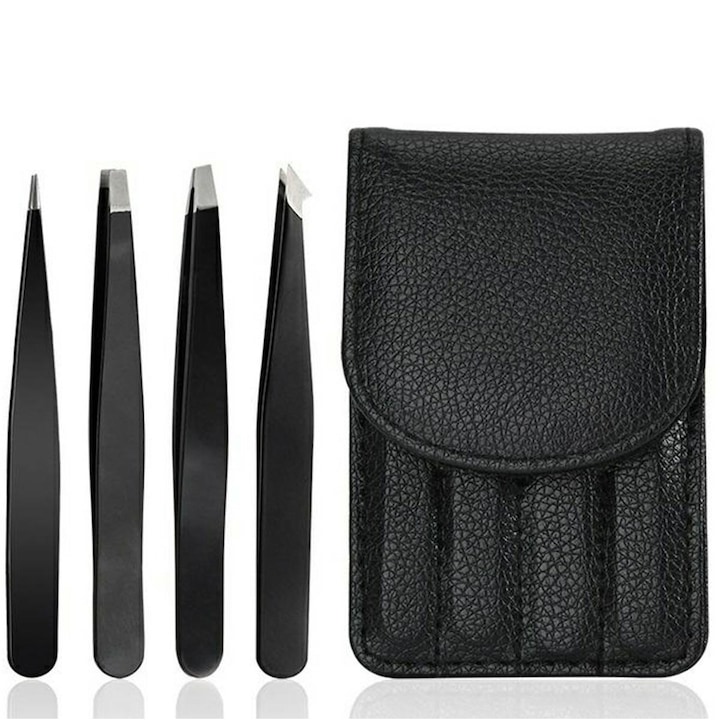 Комплект козметични пинсети, 4 части, с кутии за съхранение, различни форми, 9.6x1x0.4cm, неръждаема стомана, екологична кожа, черни
