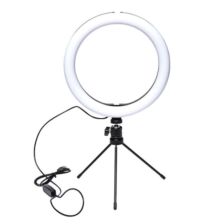 Lampa circulara cu 128 becuri LED, cu trepied de 24 cm, 3 functii lumina, 10 nivele de intensitate, rotire 360 grade, ST-LED1170