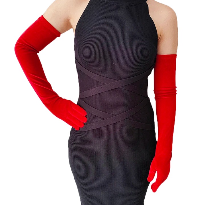 Manusi foarte lungi de catifea,70 cm, rosii