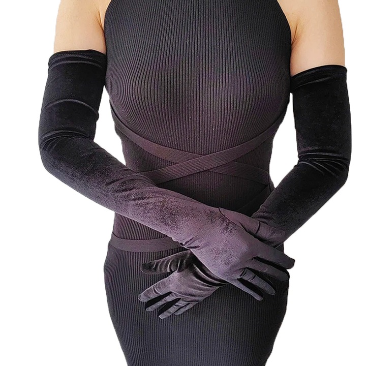 Manusi foarte lungi, 70cm, negre de catifea