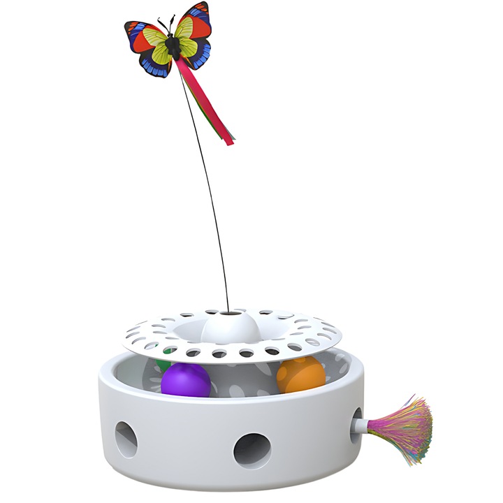 Jucarie Interactiva Pisici Infiniteea™ Automata, Inteligenta, 3 in 1, Multifunctionala, Tip Fluture, Mentine Atentia Pisicilor, Alb