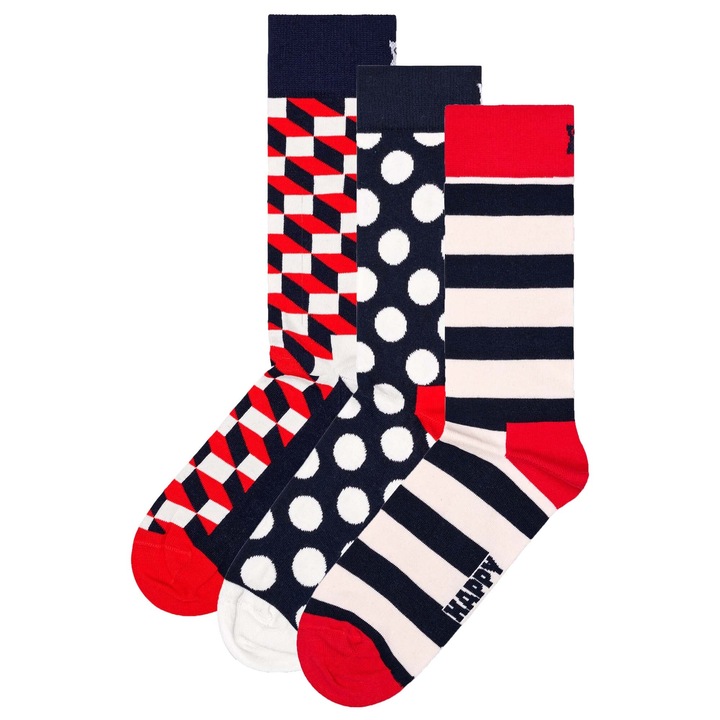 Happy Socks, Set de sosete lungi unisex cu model cu buline - 3 perechi, Rosu/Alb/Bleumarin