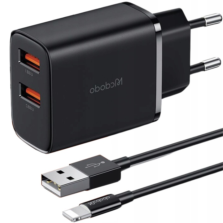 Hálózati töltő + Lightning kábel, Mcdodo, 12W gyors töltés, 2 x USB, kompatibilis az iPhone 5 / 6 / 7 / 8 / X / XS / XR / SE / 11 / 12 / 13 / 14 / Plus / Pro / Max, Fekete