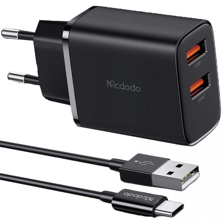 Hálózati töltő + USB-C kábel, Mcdodo, 12W gyors töltés, 2 x USB, kompatibilis az Samsung / iPhone / Xiaomi / Oppo, Fekete