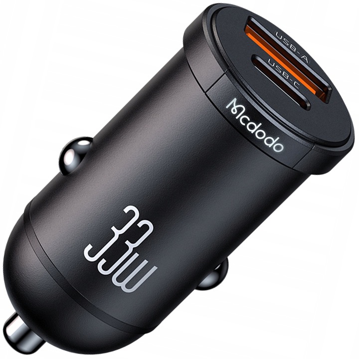 Autótöltő, Mcdodo, Gyorstöltés 1 x USB + 1 x USB-C 33W LED, Samsung / iPhone / Xiaomi / Oppo, Fekete
