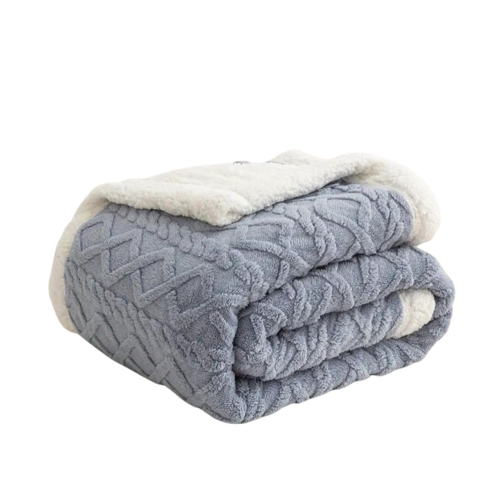Patura Sherpa Dubla Pufoasa cu Blanita Alba Berryshop® Cozy Home Collection 200 x 230 cm Albastru Deschis