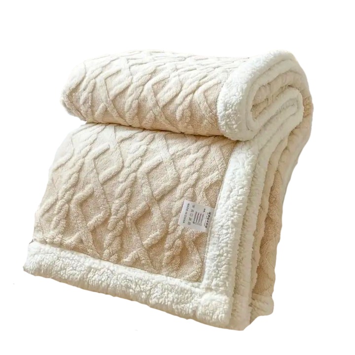 Patura Sherpa Dubla Pufoasa cu Blanita Alba Berryshop® Cozy Home Collection 200 x 230 cm Fildes