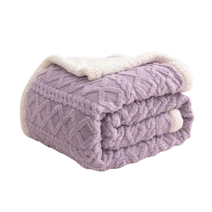 Patura Sherpa Dubla Pufoasa cu Blanita Alba Berryshop® Cozy Home Collection 200 x 230 cm Liliac