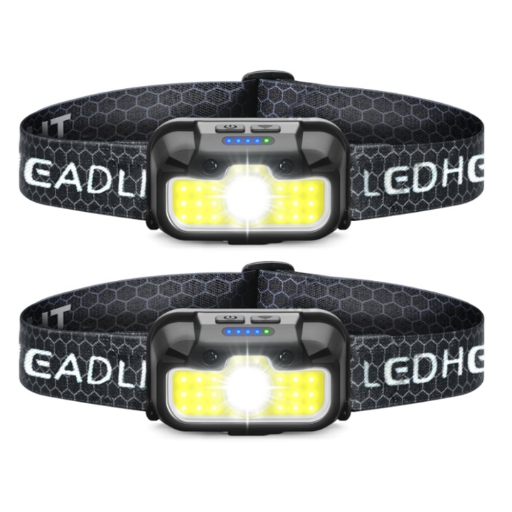 Комплект 2 челника Favorlite, презареждаеми, 1300 лумена, лек, бяла, зелена и червена светлина, сензор за движение, водоустойчив IPX4, 14 режима на осветяване