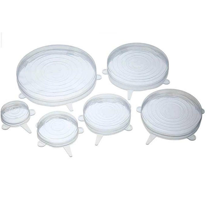Set 6 Capace flexibile din Silicon, reutilizabile, extensibile, capac pentru vase/recipiente, transparente, diferite dimensiuni