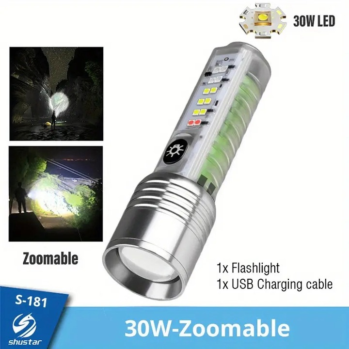 Lanterna LED multifunctionala, reincarcabila, 8 moduri de iluminare, 500 lumeni, carcasa fluorescenta cu zoom, rezistenta la apa, pentru camping, drumetii, pescuit, aer liber, urgenta Verde DA, nu sunt incluse 500 lm LED