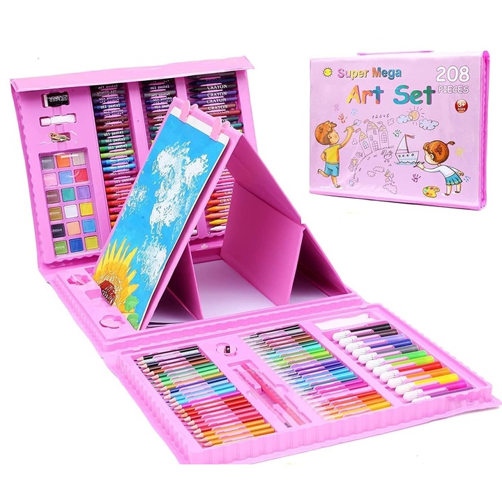 Set de pictura si desen pentru copii WePro Store, 208 piese, carioci, creioane colorate, pasteluri de ulei si acuarele, Roz