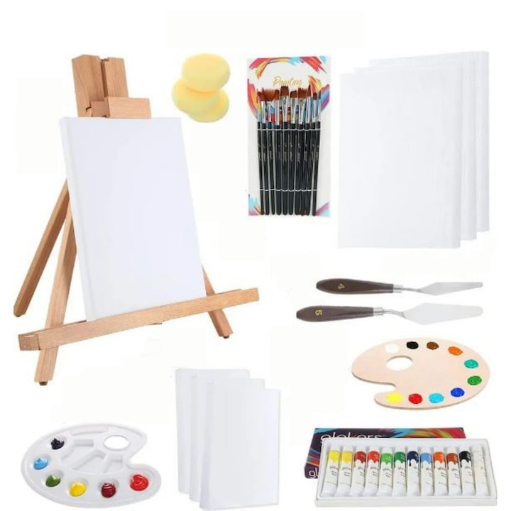 Komplett festőkészlet gyerekeknek vagy felnőtteknek, kezdőknek vagy haladóknak készlet, asztali festőállvány, fa + 12 cső tempera akril festék + 10 festőkefe + 3 szivacs + 6 vászonvászon + 2 festőkés + 2 paletta a színek keveréséhez