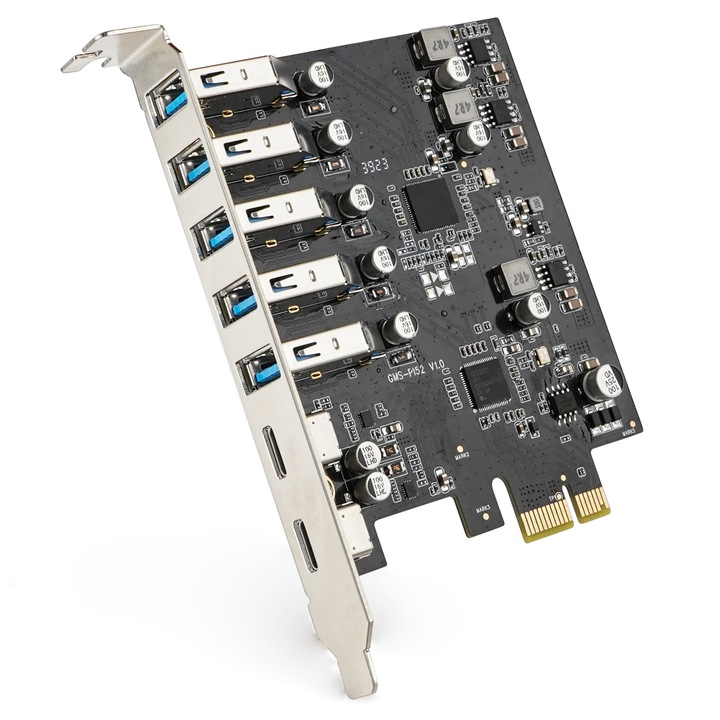 Placa de expansiune PCI-E cu 7 porturi la USB 3.0, JESWO, viteza de 5 Gbps, 5 xType A, 2 xType C, Negru
