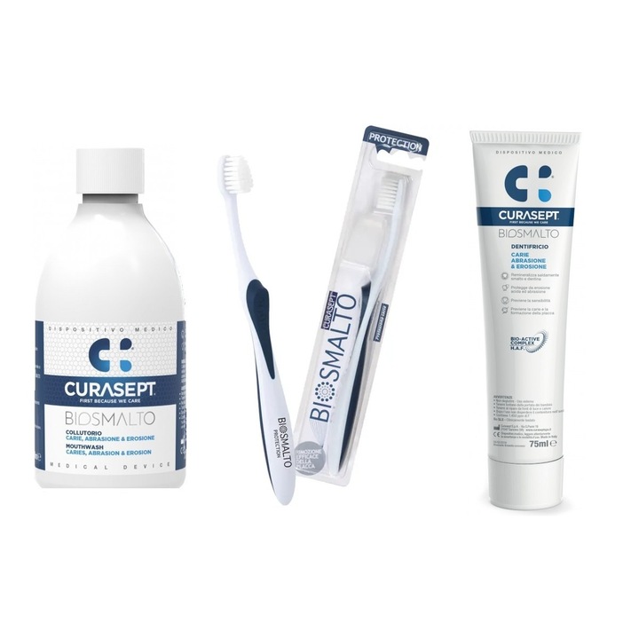 Set Curasept, contine 1 Pasta de dinti cu 1 apa de gura si 1 periuta de dinti Biosmalto Caries