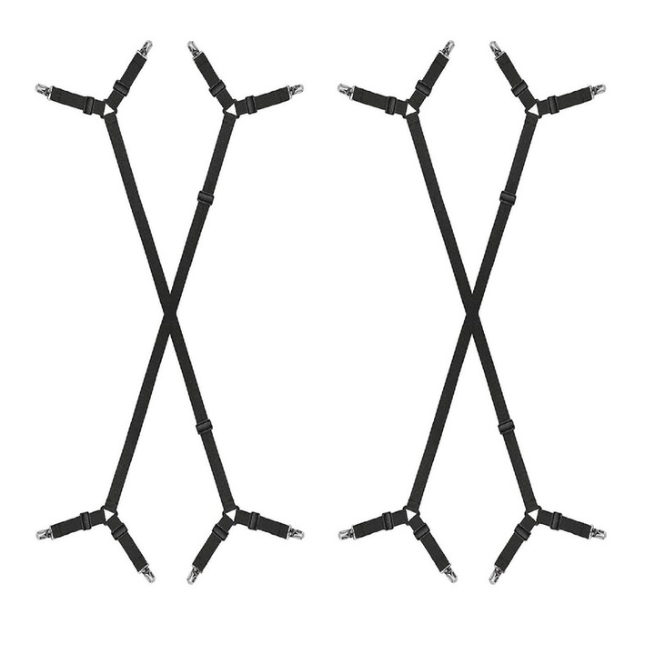 Set 4 curele elastice pentru fixare cearceafuri, JENOUS®, Ajustabil, Elastic, Cu clesti Metalici, Negru