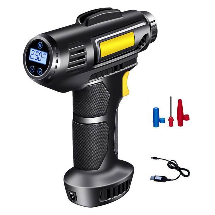 Pompa de aer pentru masina, USB, LED, Negru