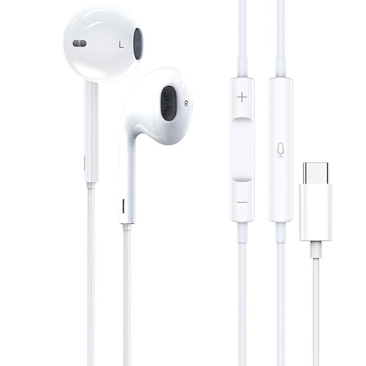 C típusú fejhallgató, kompatibilis a következővel: iPhone 15, 15 Plus, 15 Pro, 15 Pro Max, vezetékes vezérlő, mikrofon, SONORH®, fehér