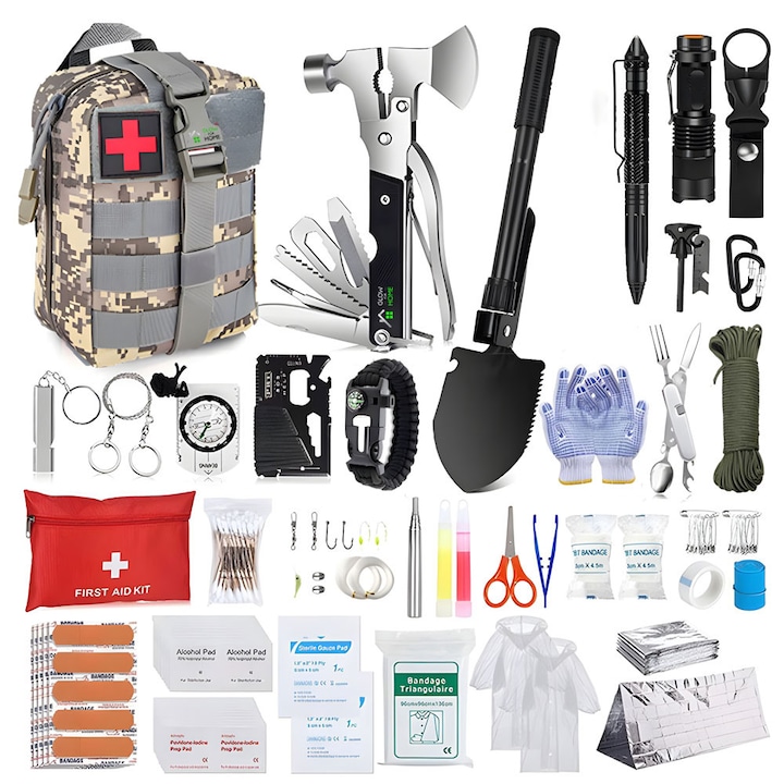 Set kit complet de supravietuire multifunctional, Glowforhome, trusa prim ajutor, echipament de urgenta, pentru drumetii, camping, calatorii, busola, accesorii pescuit, lopata, cleste, manusi, pansamente, plasturi, lanterna, pelerina ploaie, bej