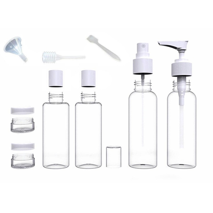 Set recipiente cosmetice reutilizabile, 9 piese, dimensiuni si capacitati diverse, plastic, Alb-Transparent